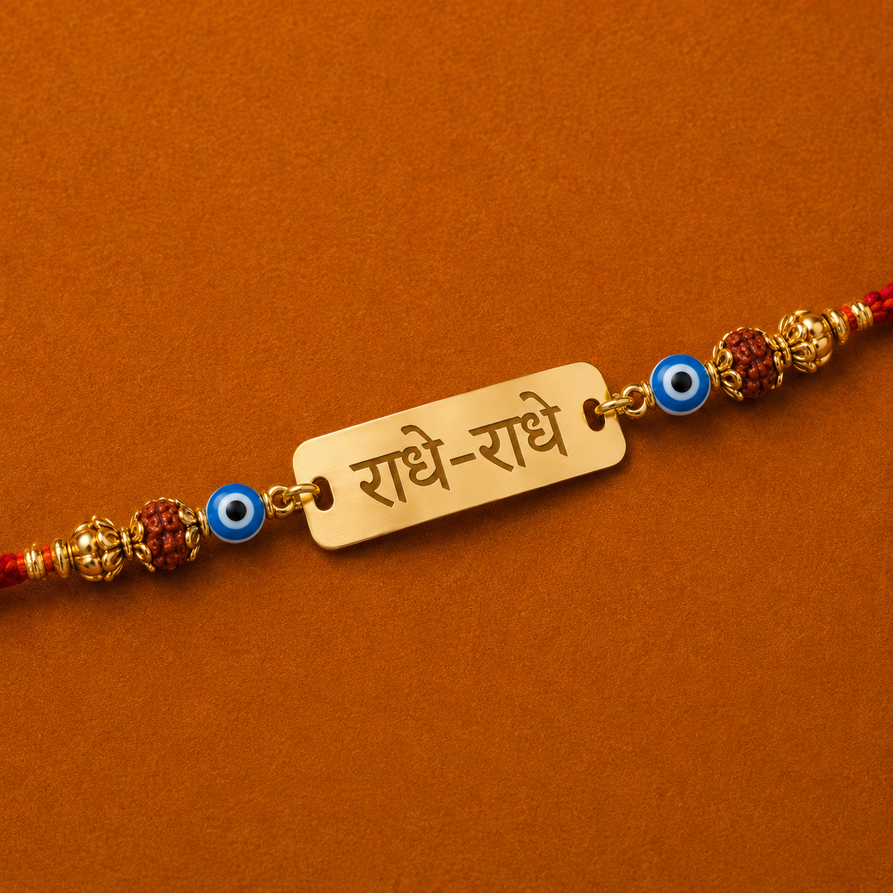 Premium Radhe Radhe Laser Engraved Rakhi with Evil Eye Beads