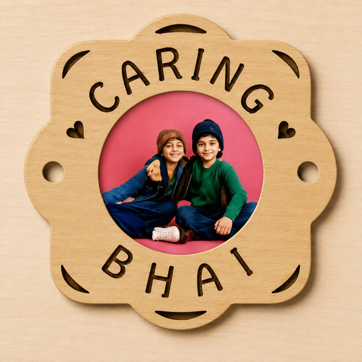 Personalized Caring Bhai Wooden Sublimation Engraved Rakhi